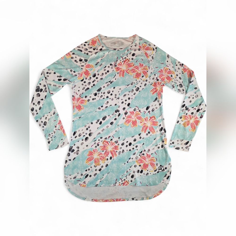 Reel Life Jax UV 50+ SPF Long Sleeve Swim Cover Up Tunic Dress Women L Floral